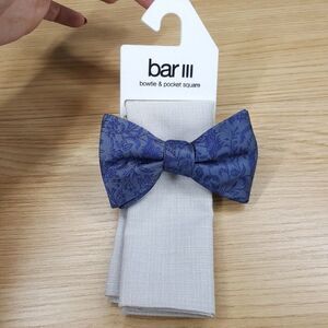 BAR III Mens Blue Floral Brocade Textured Bow Tie Gray Pocket Square Set